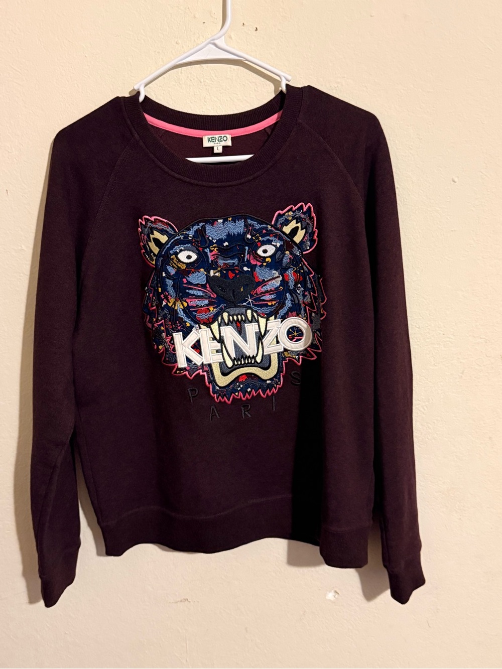 Kenzo Tiger Logo Sweatshirt — Deep Plum with Multicolor Embroidery women’s size